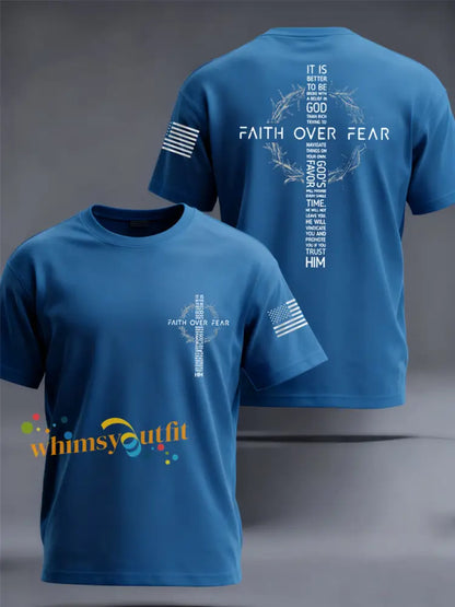 Men’s Faith Over Fear Print Casual Tee Blue / S
