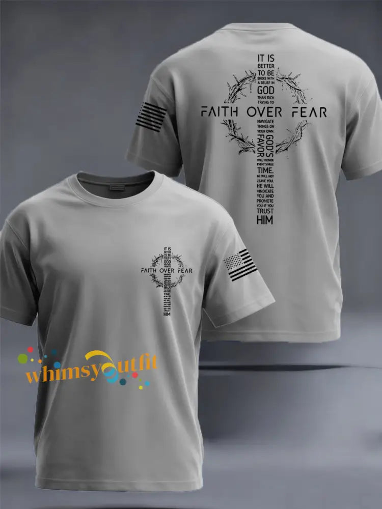 Men’s Faith Over Fear Print Casual Tee Light Gray / S