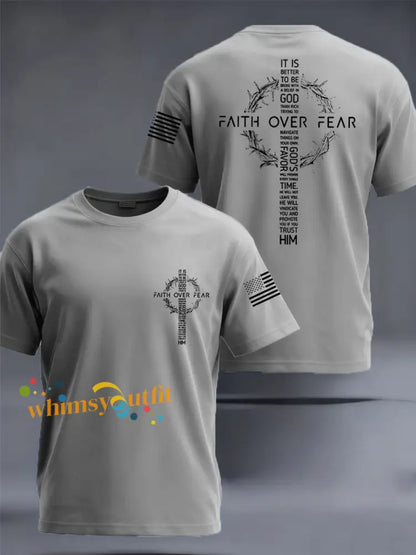 Men’s Faith Over Fear Print Casual Tee Light Gray / S