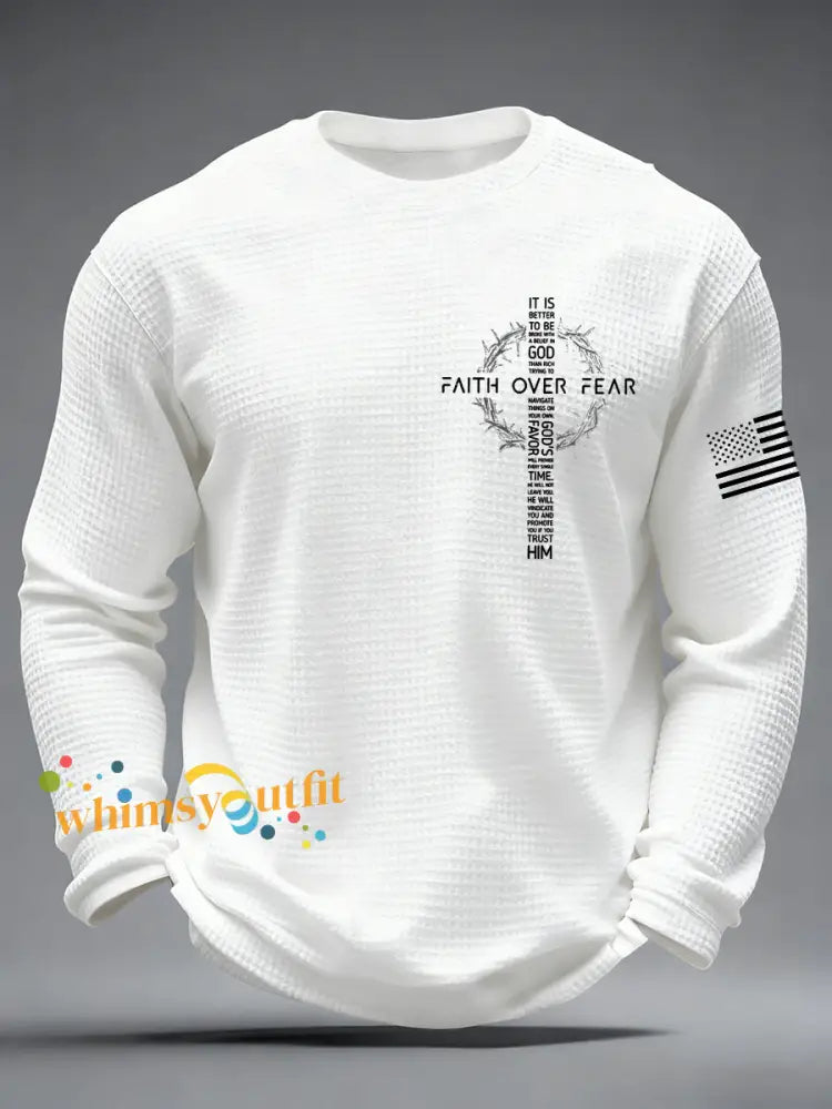 Men’s Faith Over Fear Print Casual Waffle Long Sleeve T-Shirt