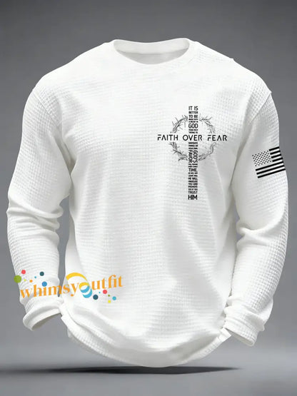 Men’s Faith Over Fear Print Casual Waffle Long Sleeve T-Shirt
