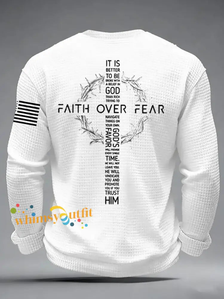 Men’s Faith Over Fear Print Casual Waffle Long Sleeve T-Shirt