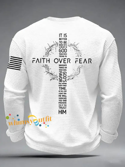 Men’s Faith Over Fear Print Casual Waffle Long Sleeve T-Shirt