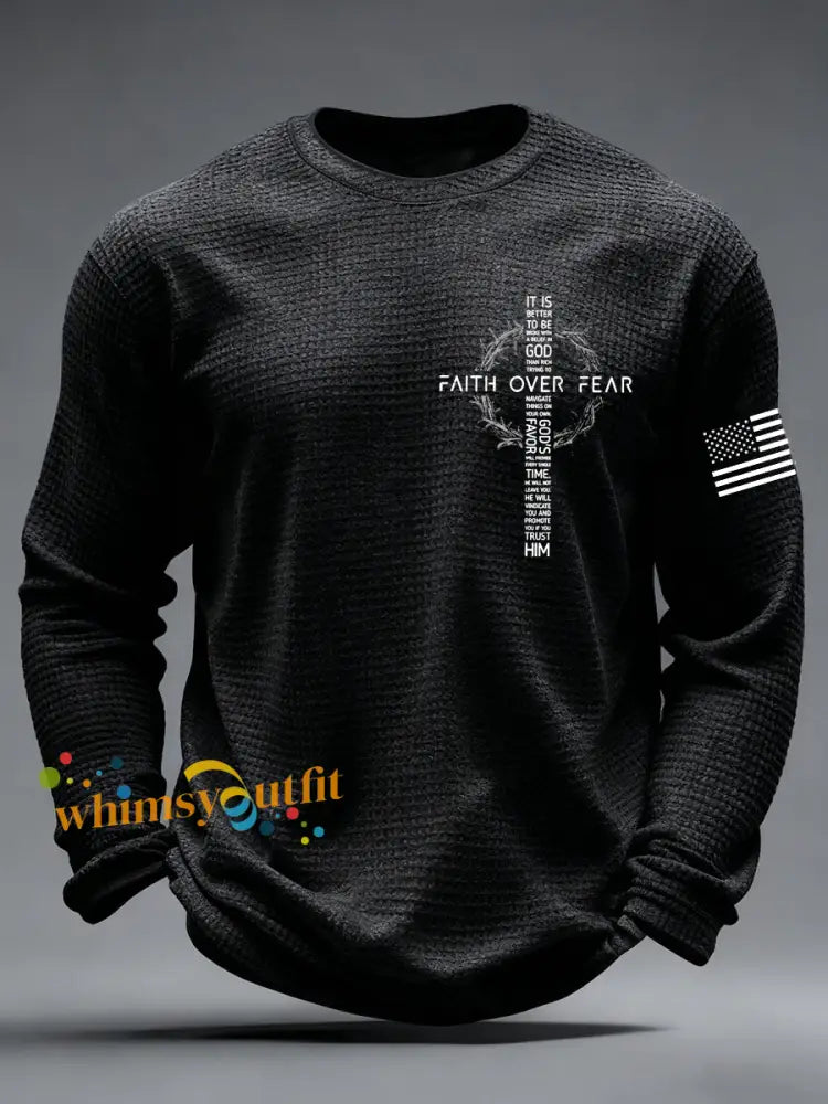 Men’s Faith Over Fear Print Casual Waffle Long Sleeve T-Shirt