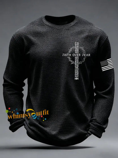 Men’s Faith Over Fear Print Casual Waffle Long Sleeve T-Shirt