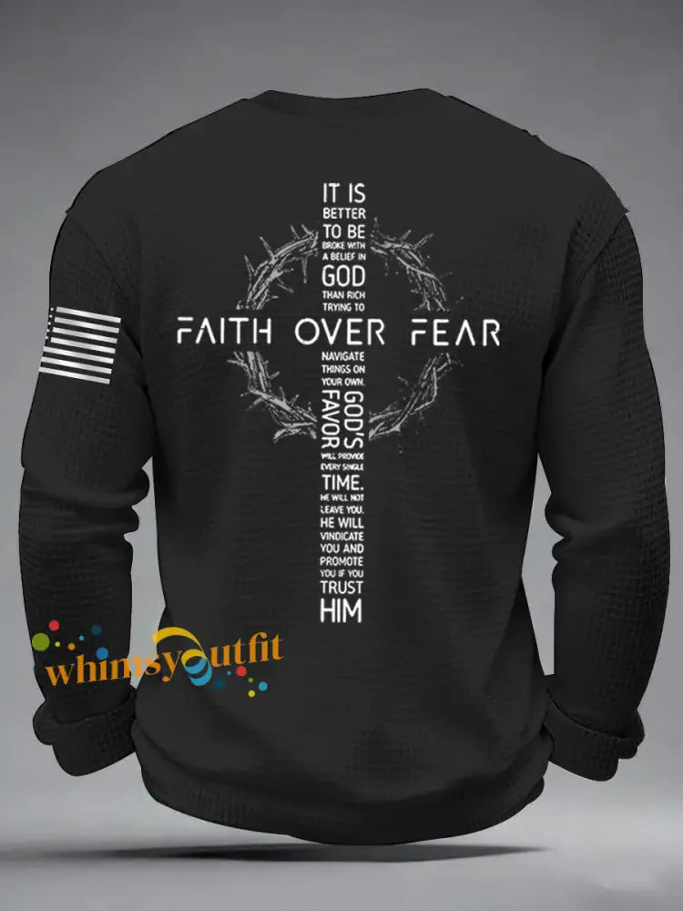 Men’s Faith Over Fear Print Casual Waffle Long Sleeve T-Shirt