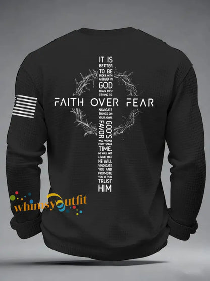 Men’s Faith Over Fear Print Casual Waffle Long Sleeve T-Shirt