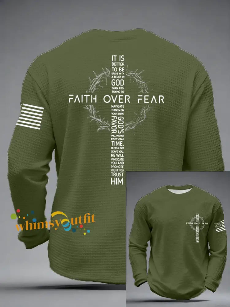 Men’s Faith Over Fear Print Casual Waffle Long Sleeve T-Shirt Army Green / S