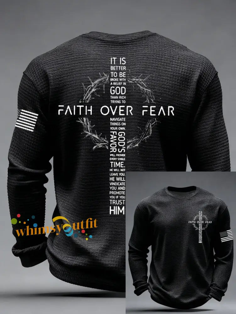Men’s Faith Over Fear Print Casual Waffle Long Sleeve T-Shirt Black / S