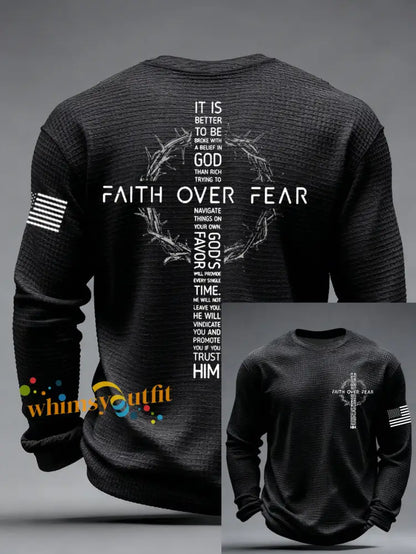 Men’s Faith Over Fear Print Casual Waffle Long Sleeve T-Shirt Black / S