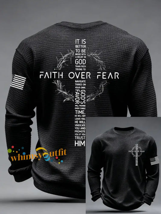 Men’s Faith Over Fear Print Casual Waffle Long Sleeve T-Shirt Black / S