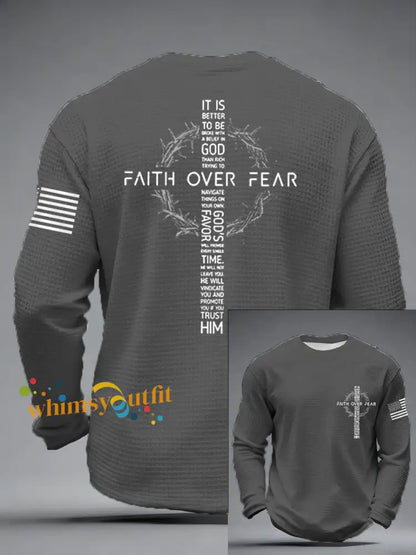 Men’s Faith Over Fear Print Casual Waffle Long Sleeve T-Shirt Gray / S