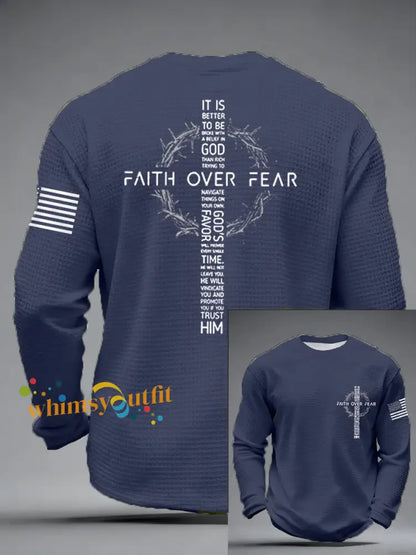Men’s Faith Over Fear Print Casual Waffle Long Sleeve T-Shirt Navy Blue / S
