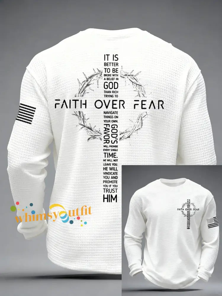 Men’s Faith Over Fear Print Casual Waffle Long Sleeve T-Shirt White / S