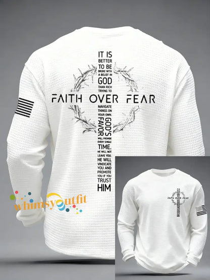 Men’s Faith Over Fear Print Casual Waffle Long Sleeve T-Shirt White / S