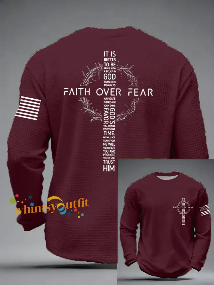 Men’s Faith Over Fear Print Casual Waffle Long Sleeve T-Shirt Wine Red / S