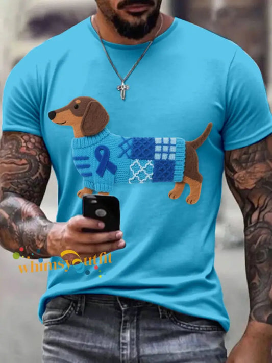Men’s Felt Art Dachshund Pattern T Shirt Blue / S