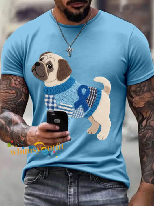Men’s Felt Art Pug Pattern T Shirt Blue / S