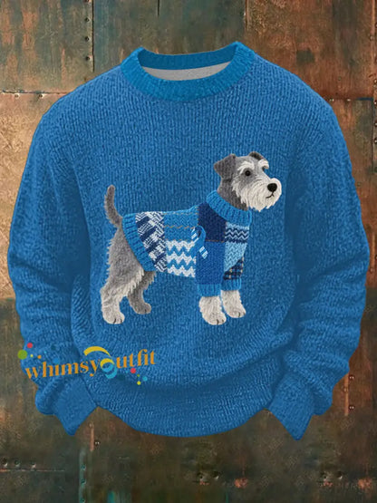 Men’s Felt Art Schnauzer Dog Pattern Cozy Knit Top Blue / S