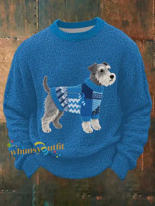 Men’s Felt Art Schnauzer Dog Pattern Cozy Knit Top Blue / S