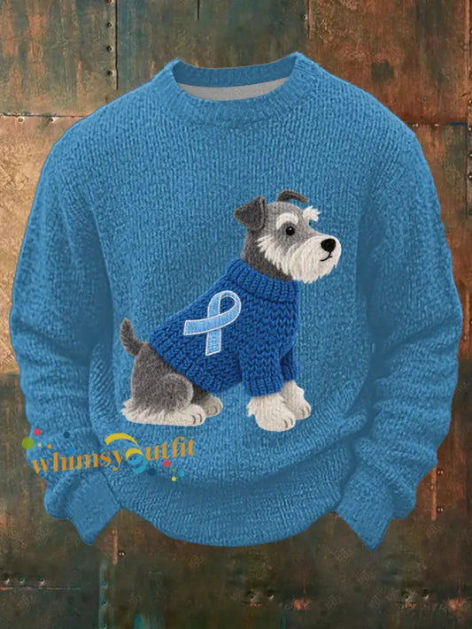 Men’s Felt Art Schnauzer Dog Pattern Cozy Knit Top Light Blue / S
