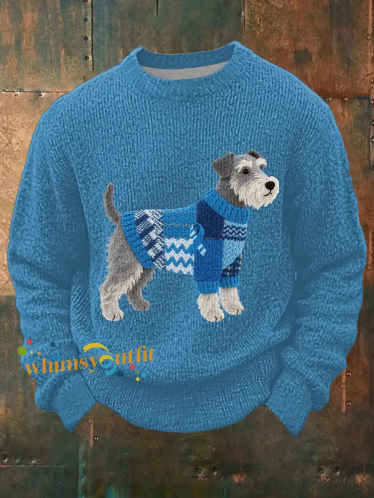 Men’s Felt Art Schnauzer Dog Pattern Cozy Knit Top Light Blue / S