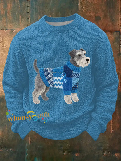 Men’s Felt Art Schnauzer Dog Pattern Cozy Knit Top Light Blue / S