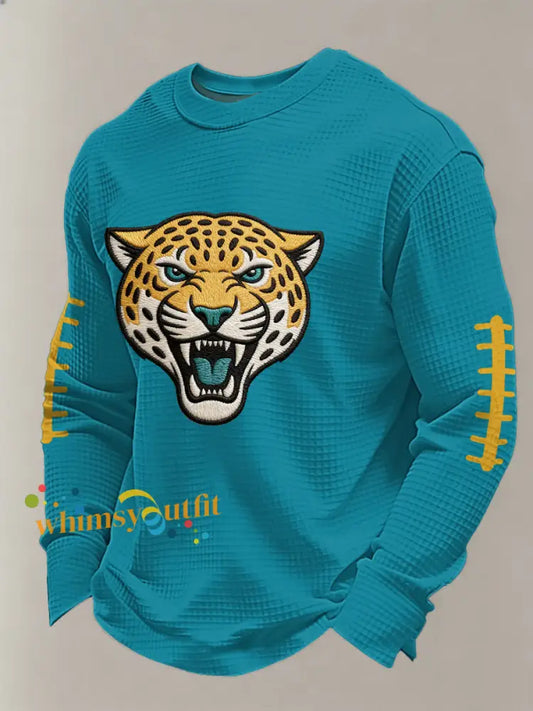 Men’s Football Fans Gameday Casual Waffle Long Sleeve T-Shirt Blue-Green / S