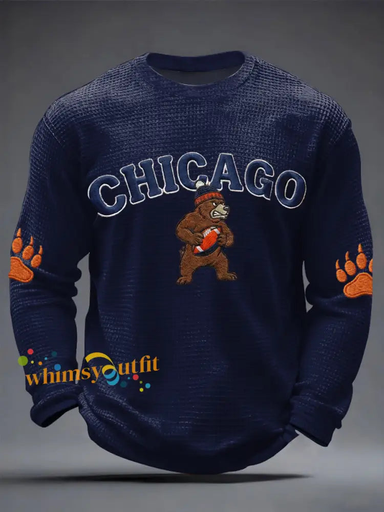 Men’s Football Fans Gameday Casual Waffle Long Sleeve T-Shirt Navy Blue / S