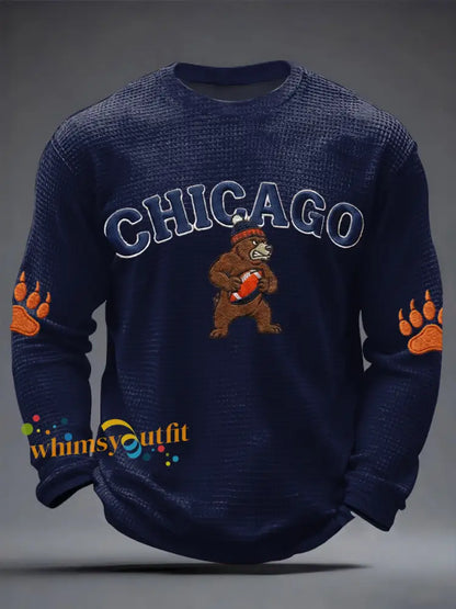 Men’s Football Fans Gameday Casual Waffle Long Sleeve T-Shirt Navy Blue / S