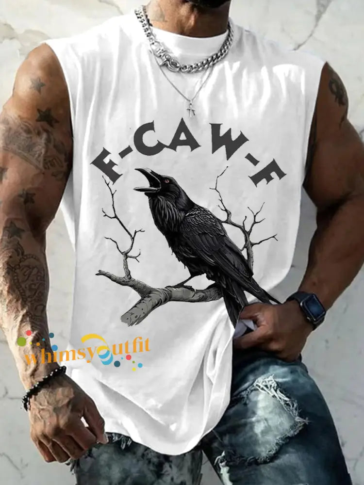 Men’s Funny Black Crow Print Tank Top White / S