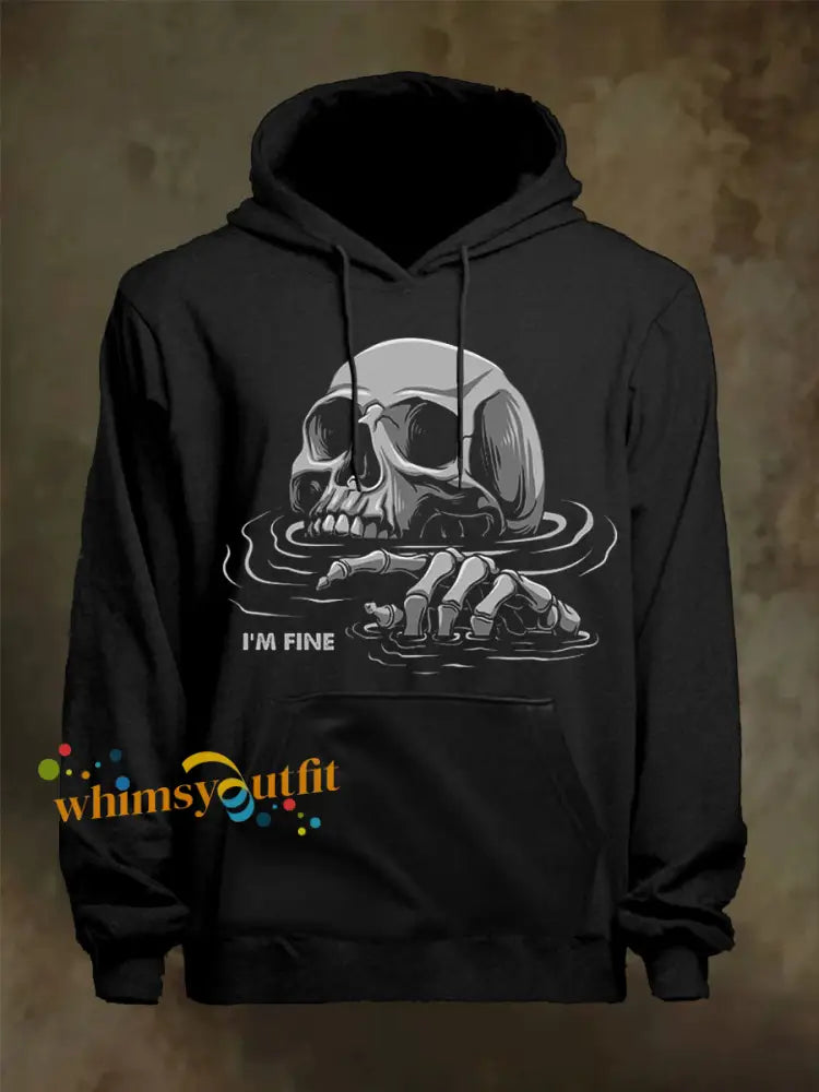 Men’s Funny I’m Fine Skull Print Casual Hoodie Black / S