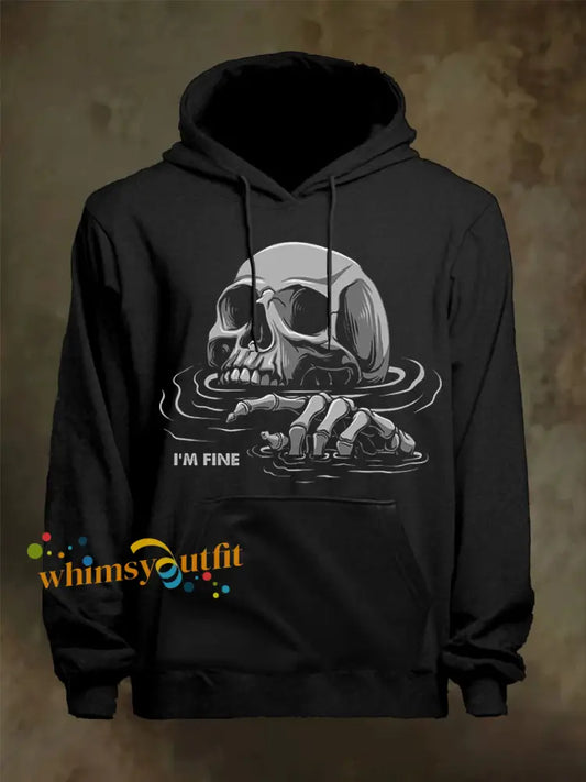Men’s Funny I’m Fine Skull Print Casual Hoodie Black / S