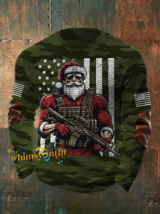 Men’s Funny Veteran Christmas Printed Waffle Tops Army Green / S