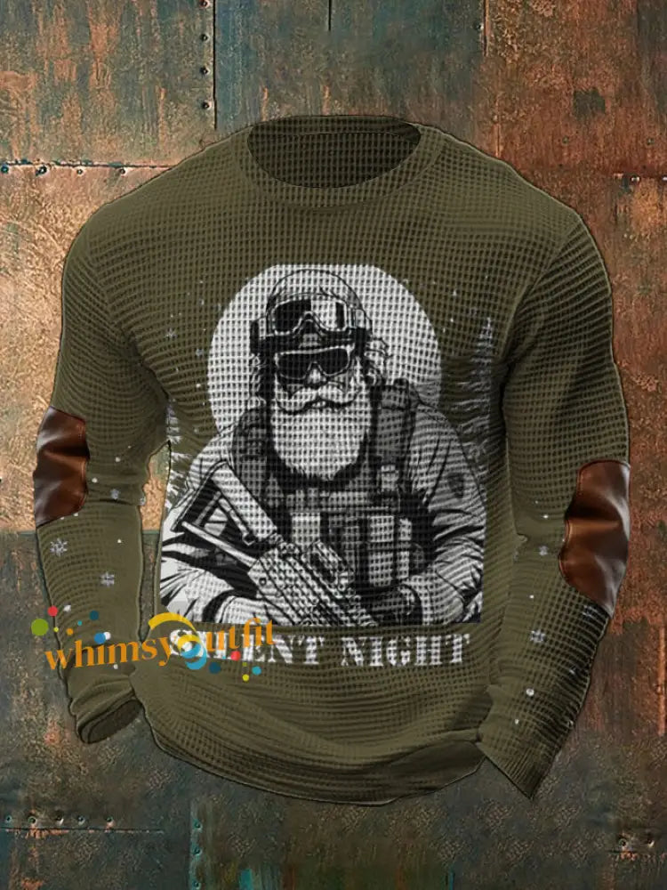 Men’s Funny Veteran Christmas Printed Waffle Tops Army Green / S