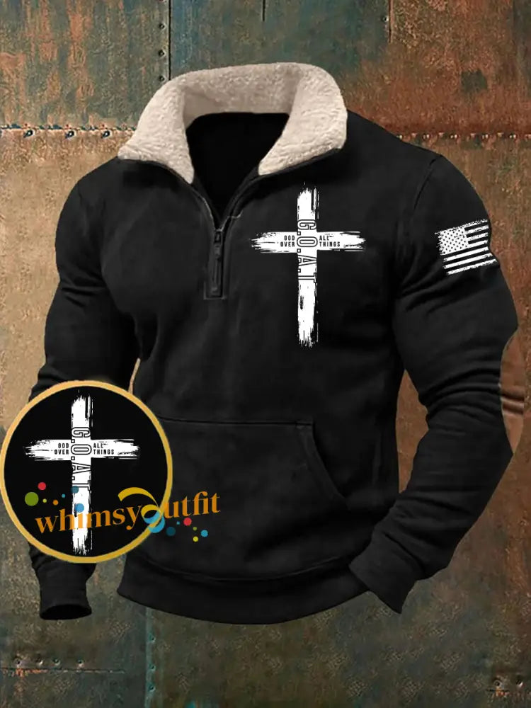 Men’s Goat God Over All Things Pocket Fur Collar Zip Hoodie Black / S