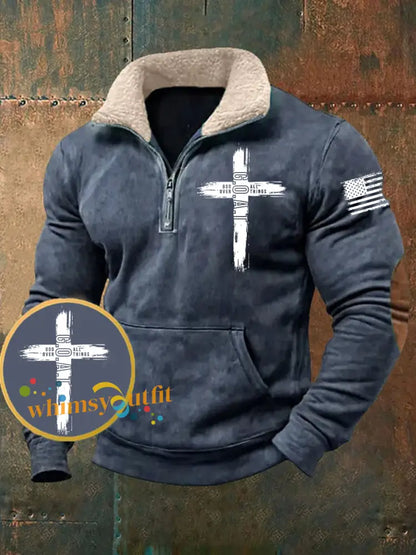Men’s Goat God Over All Things Pocket Fur Collar Zip Hoodie Blue / S