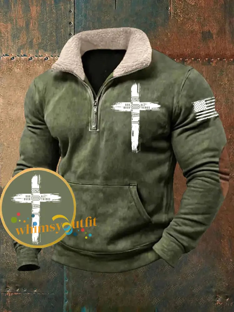 Men’s Goat God Over All Things Pocket Fur Collar Zip Hoodie Green / S