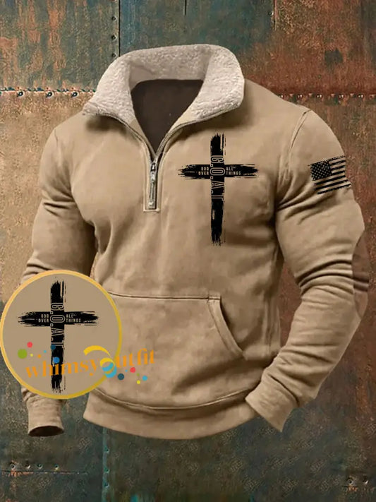 Men’s Goat God Over All Things Pocket Fur Collar Zip Hoodie Khaki / S
