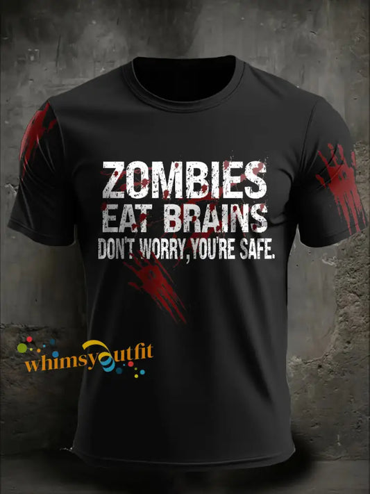Men’s Halloween Funny Zombies Eat Brains Printed T shirt Black / S