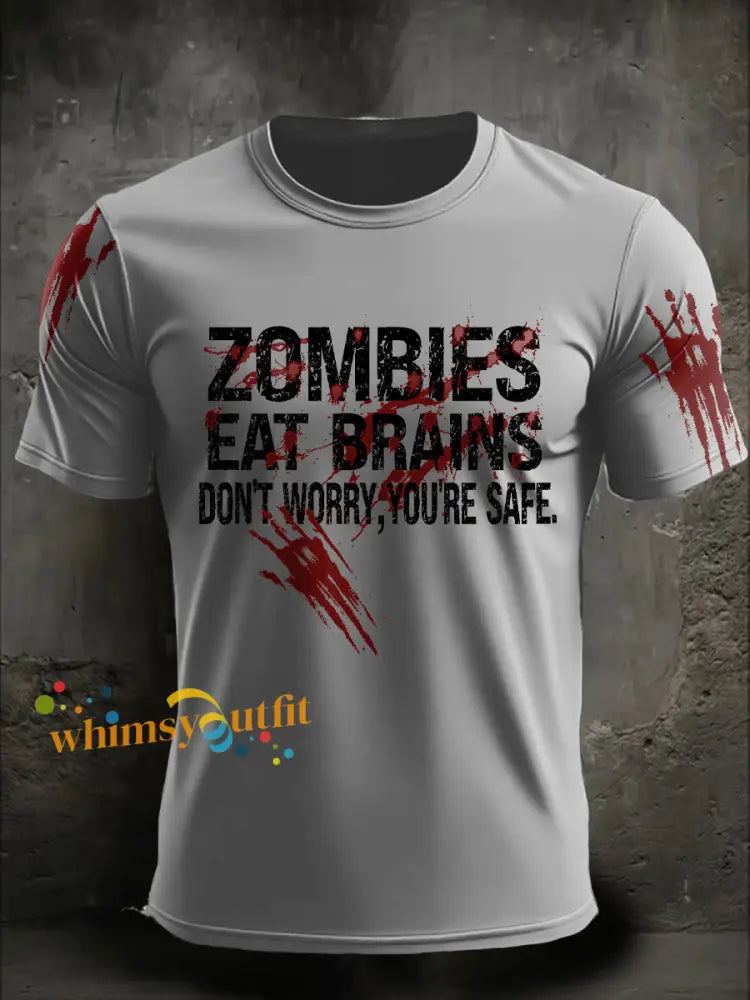 Men’s Halloween Funny Zombies Eat Brains Printed T shirt Light Gray / S