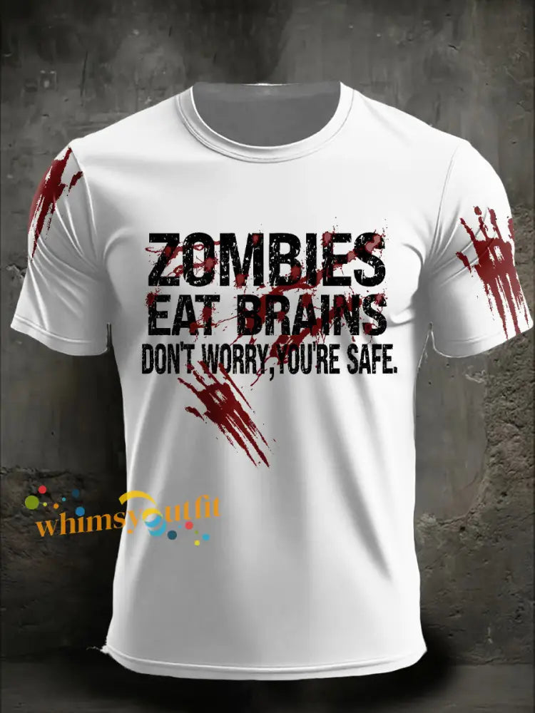 Men’s Halloween Funny Zombies Eat Brains Printed T shirt White / S