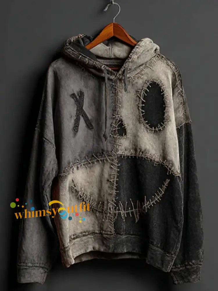 Men’s Halloween Pumpkin Face Colorblock Patchwork Hoodie Gray / S