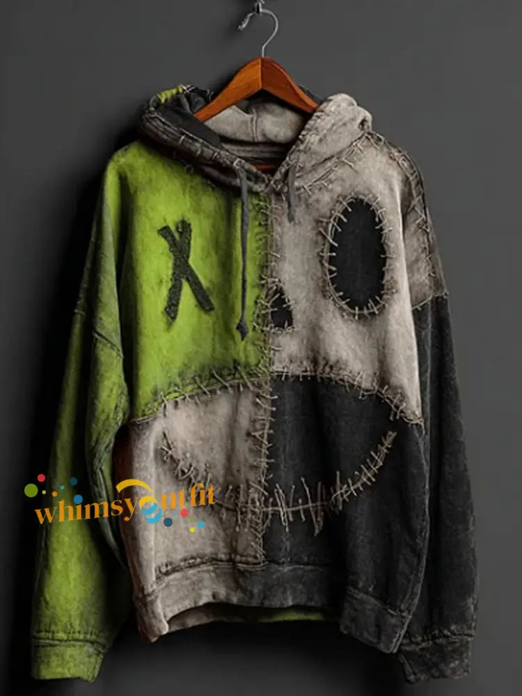 Men’s Halloween Pumpkin Face Colorblock Patchwork Hoodie Green / S