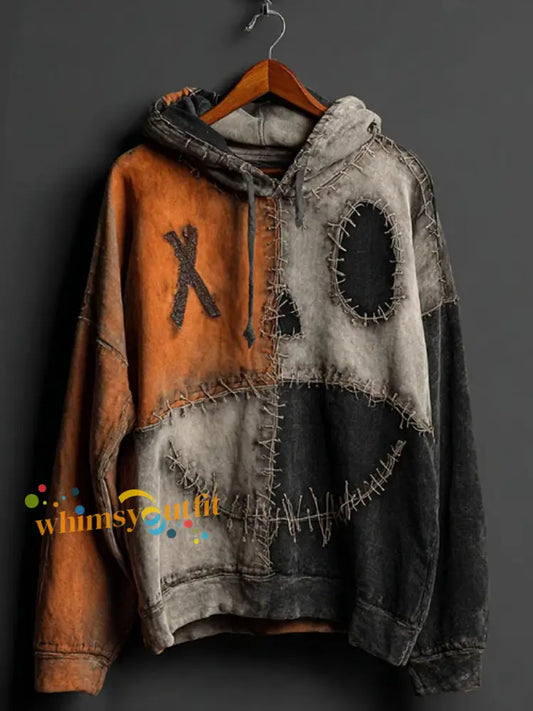 Men’s Halloween Pumpkin Face Colorblock Patchwork Hoodie Pumpkin Orange / S