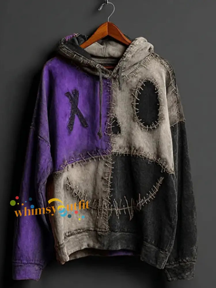 Men’s Halloween Pumpkin Face Colorblock Patchwork Hoodie Purple / S
