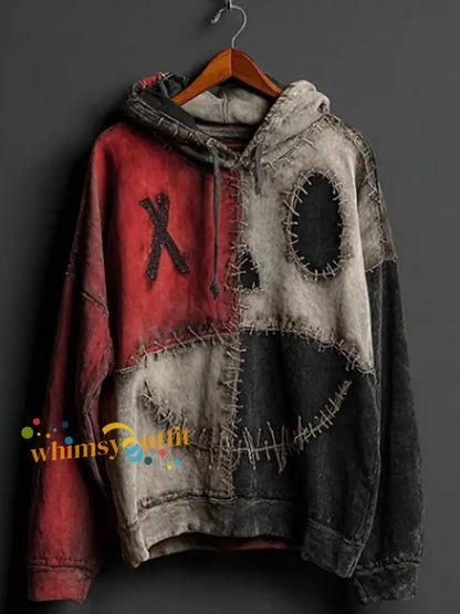 Men’s Halloween Pumpkin Face Colorblock Patchwork Hoodie Red / S