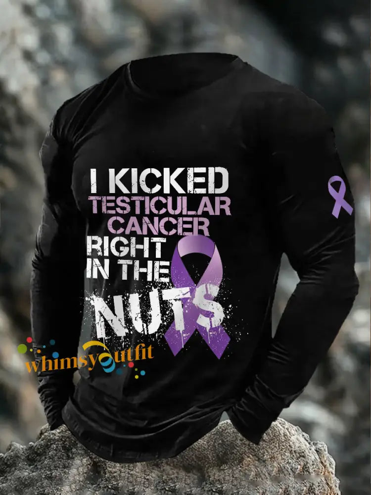 Men’s I kicked testicular cancer right in the nuts long sleeved T shirts Black / S