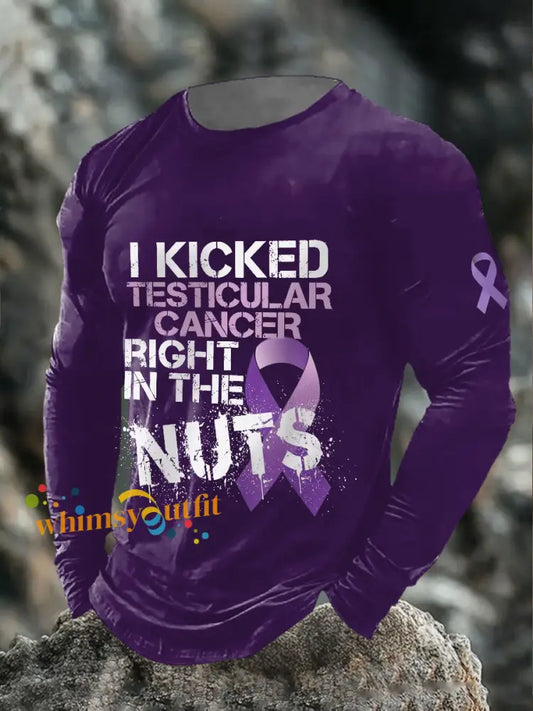 Men’s I kicked testicular cancer right in the nuts long sleeved T shirts Purple / S