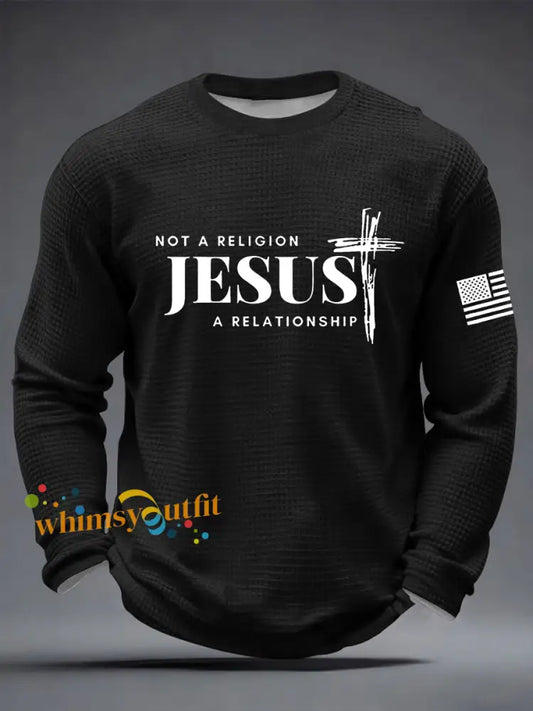 Men’s It’s Not Religion It’s A Relationship Jesus Cross Waffle Long Sleeve T-Shirt Black / S